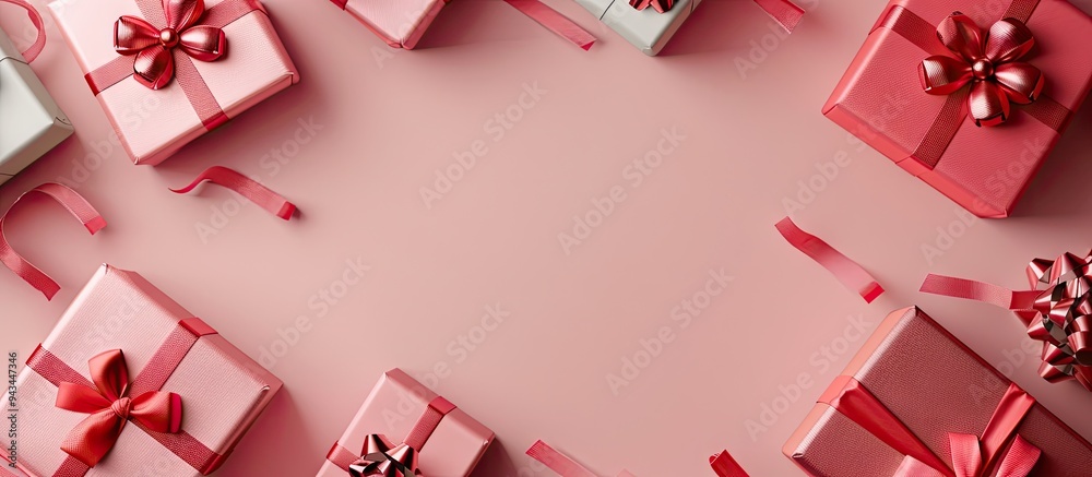 Wall mural Red and pink gift boxes arranged with copy space image on a blank backdrop