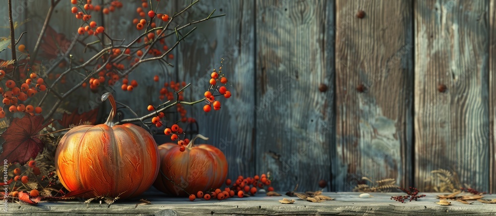 Poster fall themed still life with pumpkins and berries on a rustic wooden backdrop showcasing a vibrant sc