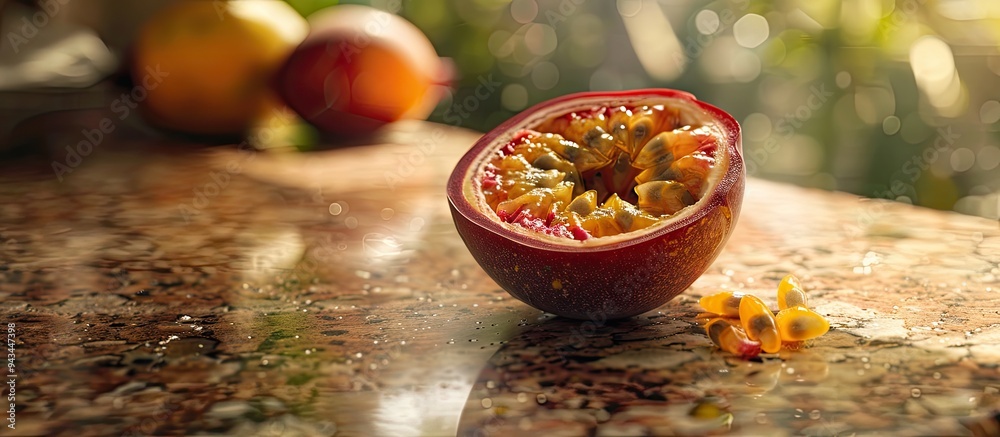 Poster a vibrant passionfruit sliced on a textured kitchen counter part of a wholesome diet photographed up