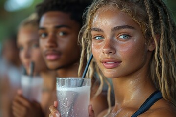 Young Multi-Ethnic Athletes Enjoying Clear Protein Shakes at the Gym After a Workout