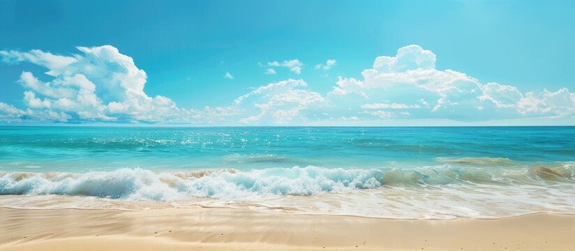 Beautiful tropical beach with turquoise sea water against a blue sky background ideal for a summer background and vacation concept with copy space image