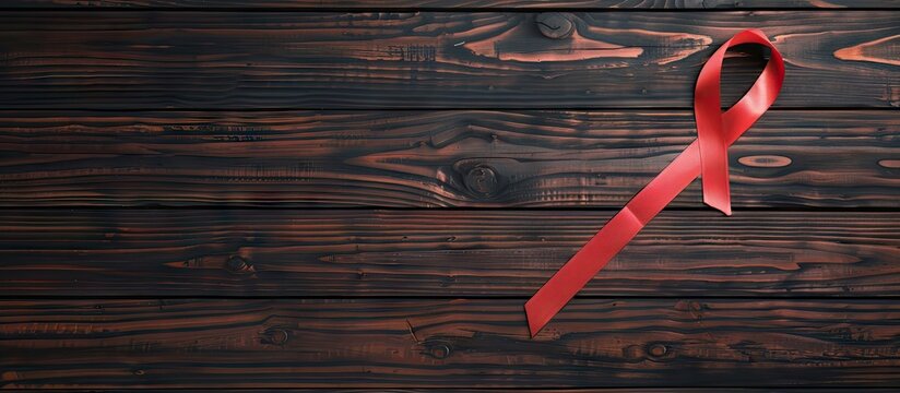 Wooden table with ribbon symbol for International Psoriasis Day top view for copy space image - Powered by Adobe