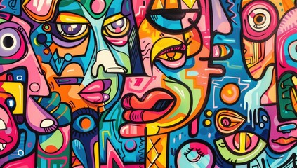 A vibrant cartoon-style graffiti pattern featuring abstract shapes and characters, with bold colors and dynamic lines creating an energetic atmosphere, focusing on faces.