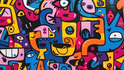 Obraz premium A vibrant cartoon-style graffiti pattern featuring abstract shapes and characters, with bold colors and dynamic lines creating an energetic atmosphere, focusing on faces.