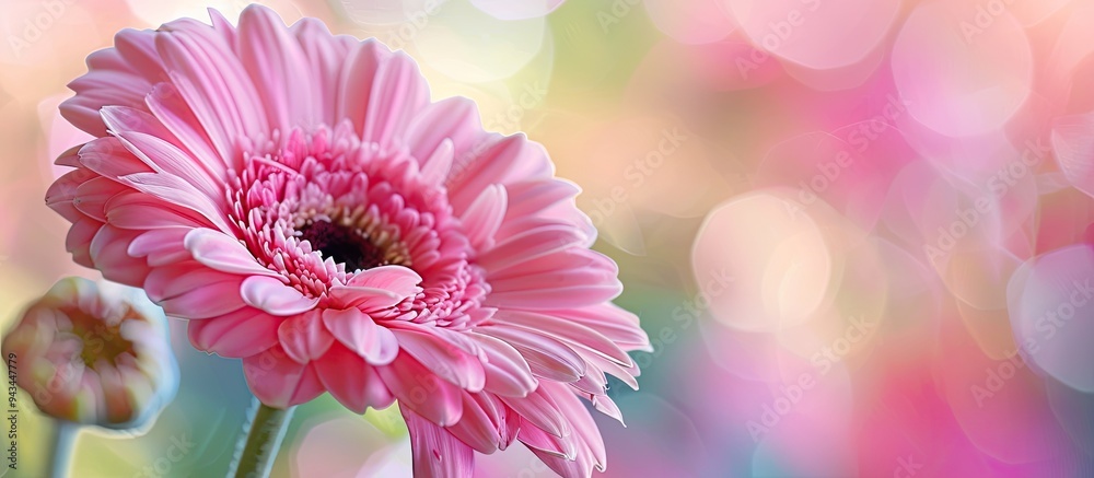 Aufkleber focus on a pink flower up close with a blurred background offering ample space for a copy space imag