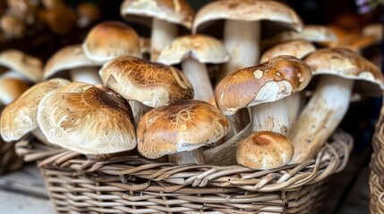 A collection of fresh mushrooms displayed in a wicker basket, showcasing their natural beauty and earthy tones. Perfect for culinary enthusiasts and nature lovers.