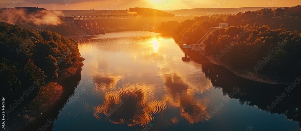 Aufkleber Golden sunset reflected on a lake with a dam and forest in an aerial view with copy space image