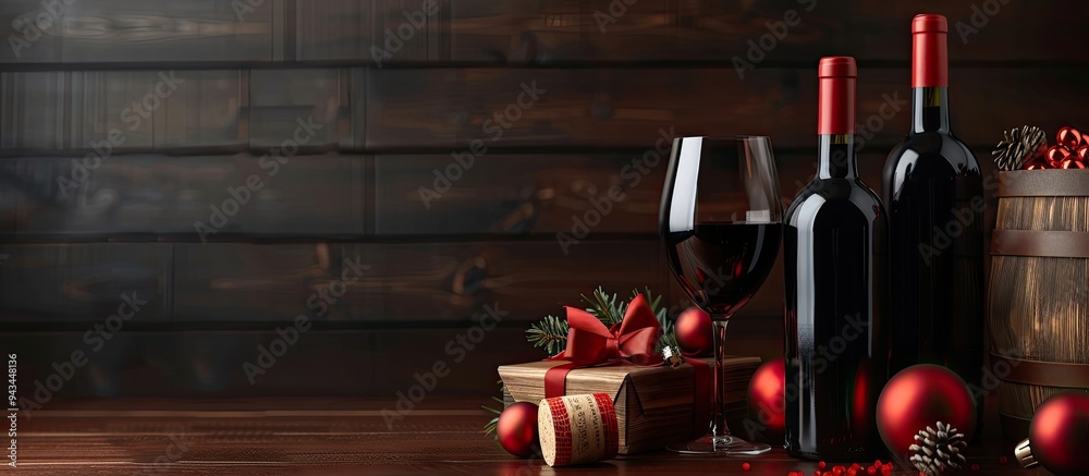 Poster On a table lie wine bottles a gift box barrel cork red Christmas balls and a backdrop perfect for messaging resembling a copy space image