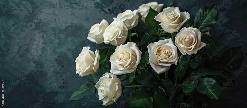 Fototapete artificial white roses creating a floral arrangement on a dark backdrop providing a copy space image