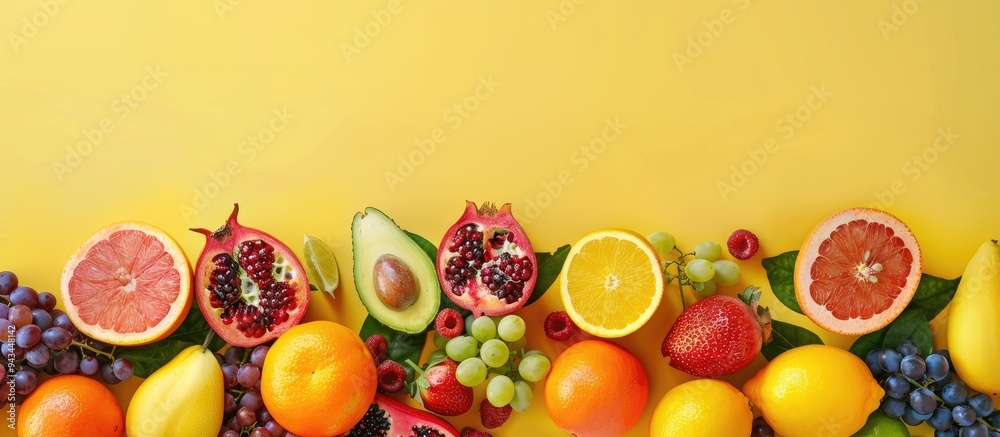 Poster composite of various colorful fruits like blood orange orange grapes avocado berries strawberry and 