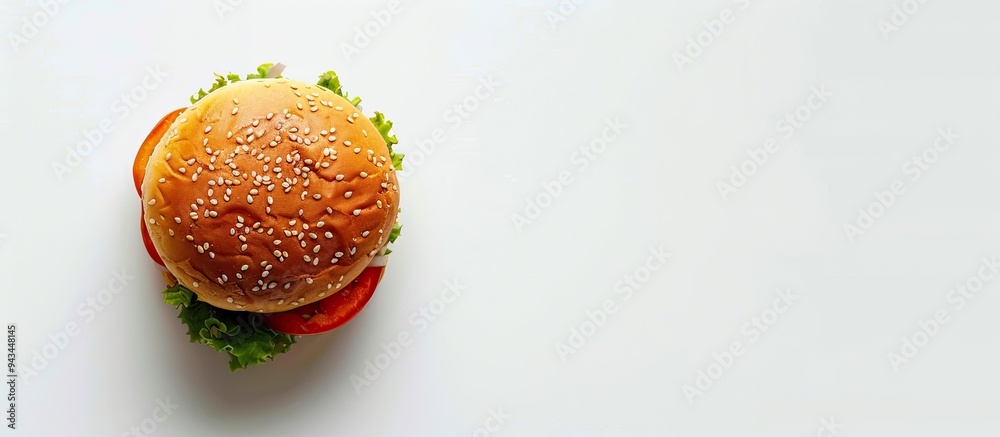 Poster Top down perspective photograph of a hamburger bun on a white backdrop with available space for additional images