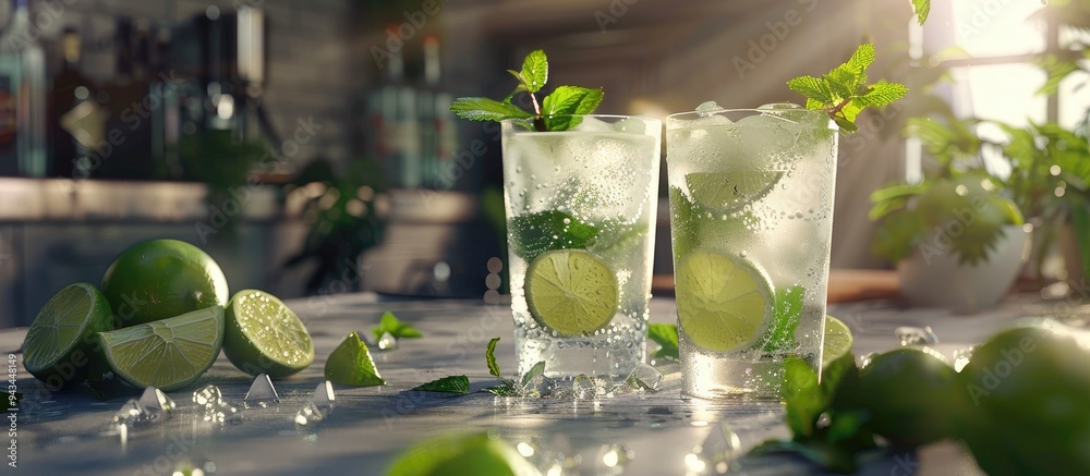 Poster fresh mojito cocktails garnished with lime and mint placed on a grey table with ample copy space ima