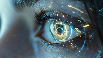 A closeup of an eye iris recognition technology for secure access, digital elements around it, symbolizing the integration and visualization in vision technology