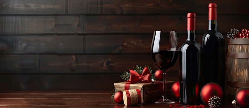 On a table lie wine bottles a gift box barrel cork red Christmas balls and a backdrop perfect for messaging resembling a copy space image