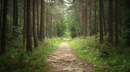 Obraz premium A serene forest path surrounded by tall, lush green trees, bathed in daylight, inviting a peaceful walk and connection with nature, symbolizing tranquility and escape.