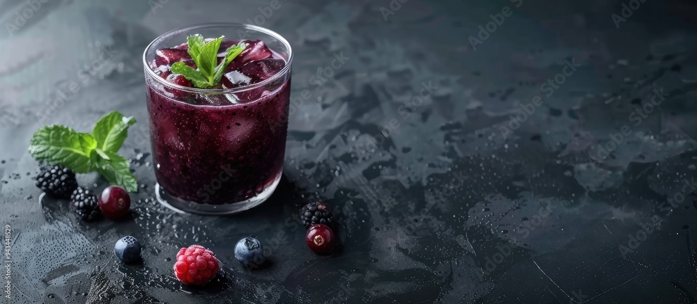 Leinwandbilder a glass of delicious acai juice garnished with mint and berries on a textured grey table with room f