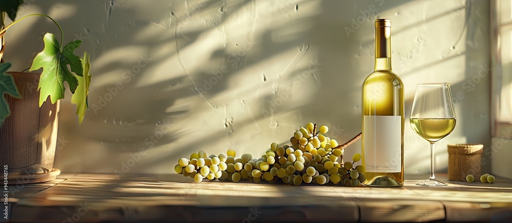 Poster a tabletop set up showcasing a bottle of white wine grapes and glasses with space for additional gra