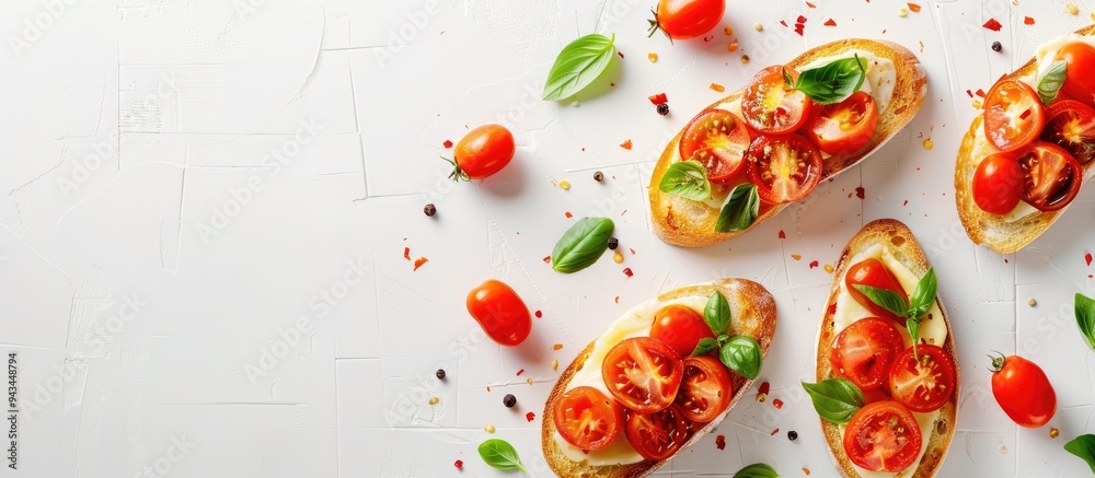Poster top down view of cheesy bruschetta with tomatoes and basil on a white tiled surface allowing for cop