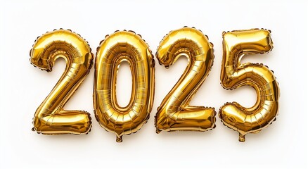Gold text 2025 made of golden foil on white background