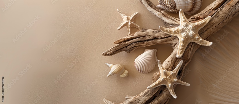 Poster nature themed image showing seashell starfish and driftwood on beige background evoking sea summer a
