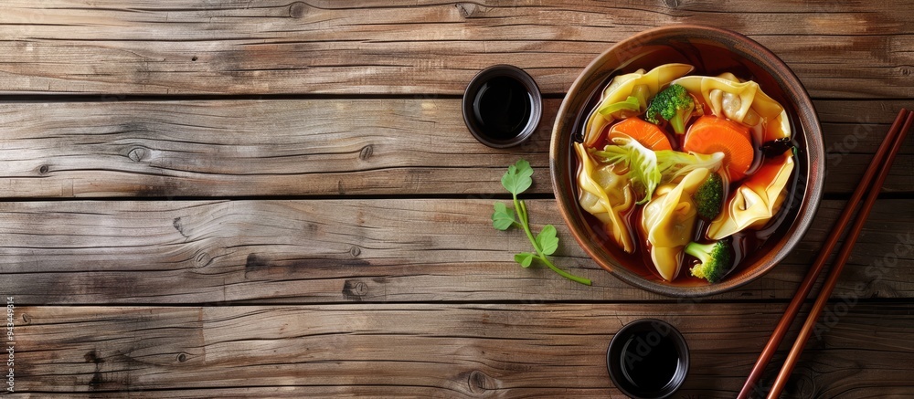 Aufkleber Wooden background with colorful dumplings in a bowl accompanied by soy sauce cabbage and chopsticks with available space for adding text in the image. Creative banner. Copyspace image