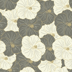 Seamless pattern, gray and beige hibiscus flowers with a golden outline. Retro print, textile, background, vector
