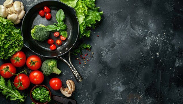 Fresh vegetables, Detox diet concept. A dark background with fresh vegetables and an empty cooking pan, symbolizing the concept of eating healthy food for weight loss.