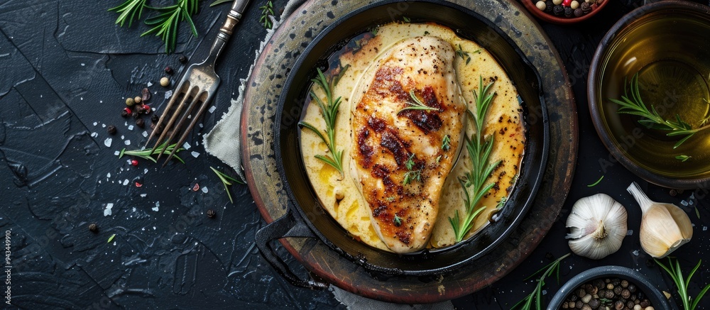 Poster a top down view of a table background displaying a baked chicken breast in creamy garlic sauce offer