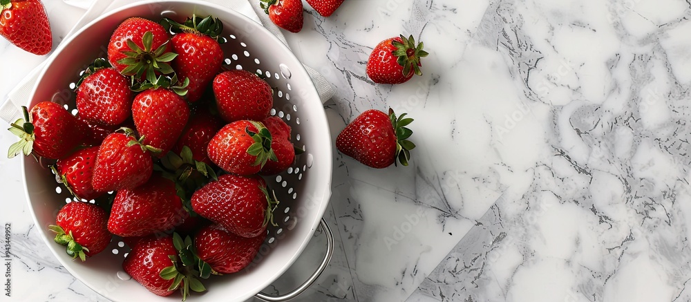 Aufkleber Fresh sweet strawberries on a white tile background accompanied by a colander and a plate creating a beautiful composition with copy space image