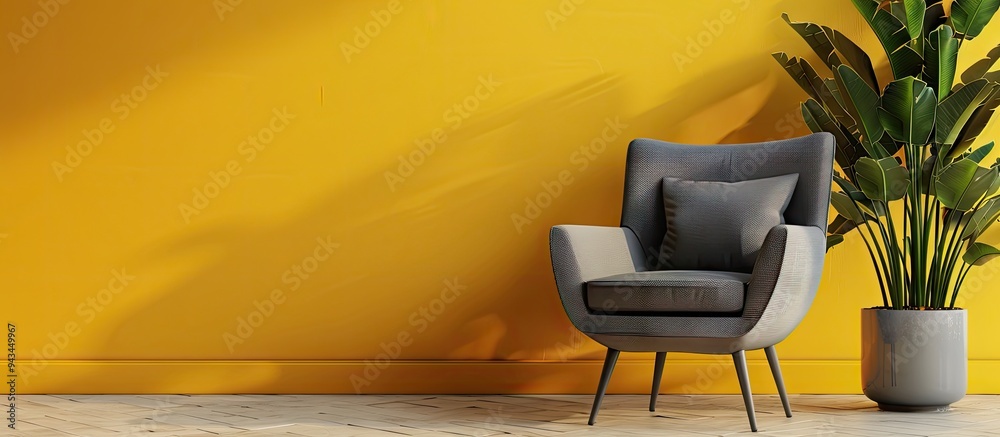 Aufkleber A chic grey armchair with a cushion is positioned next to a vivid yellow wall creating an ideal composition for a design with copy space image