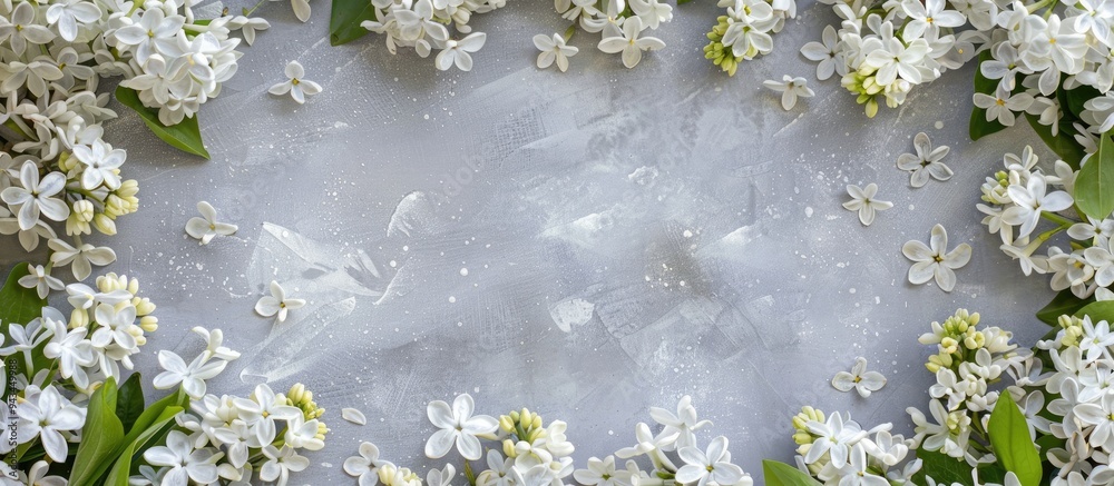 Poster A floral frame with white lilac and daffodils arranged on a gray surface featuring an empty area in the center for text perfect for a flat lay image with space for copy