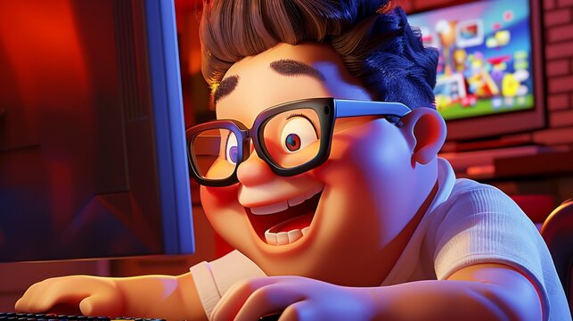 A joyful animated boy with glasses and a big smile immersed in gaming on his computer screen, illustrating the delight and excitement of the gaming world.