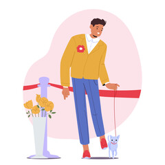 Man Walking His Small Dog At A Dog Show Event. Cheerful Male Character Is Dressed Formally, Vector Illustration