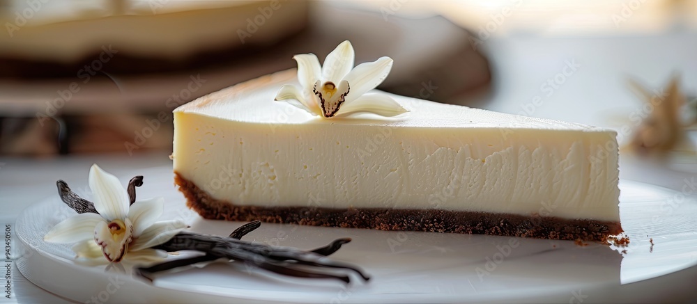 Aufkleber vanilla cheesecake with a vanilla flower on a white background new york style dessert pie with a sid