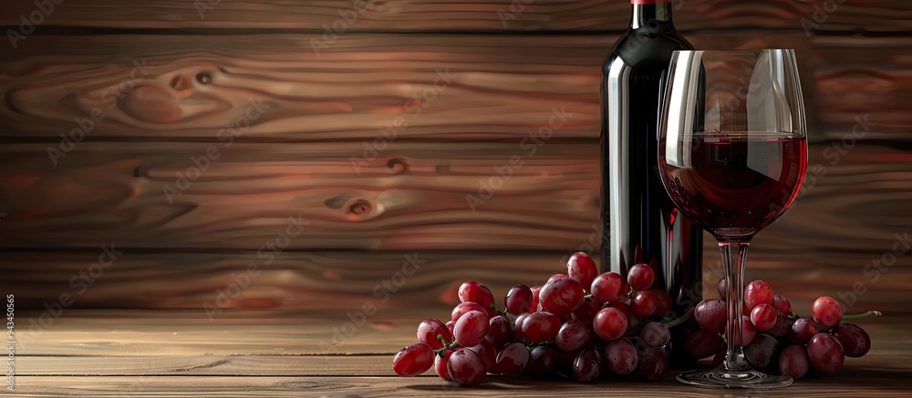 Poster red wine bottle with grapes and glass on wood backdrop with copy space image