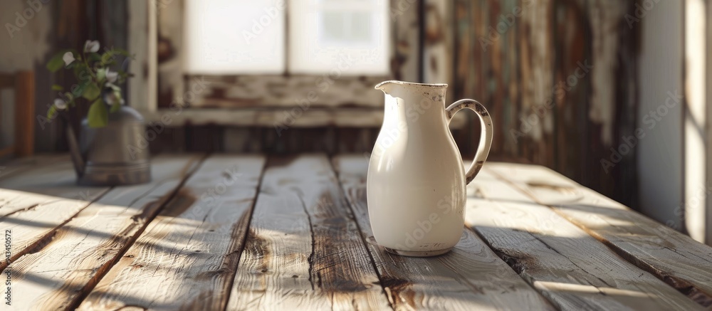 Poster A jug of fresh milk displayed on a rustic wooden table with ample copy space for text