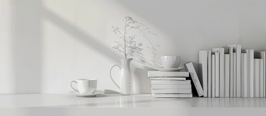 Books arranged neatly on a white table with ample copy space to personalize