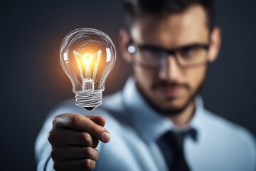 A man in professional attire holding a glowing lightbulb in focus, symbolizing a brilliant idea or innovation, set against a dark background to signify enlightenment.