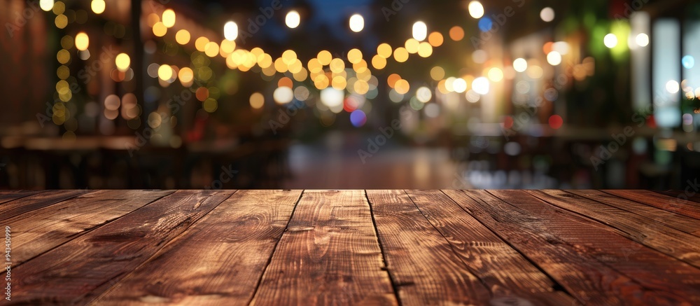 Aufkleber a wooden table is displayed in a blur of a modern night scene at a bustling restaurant offering a ge