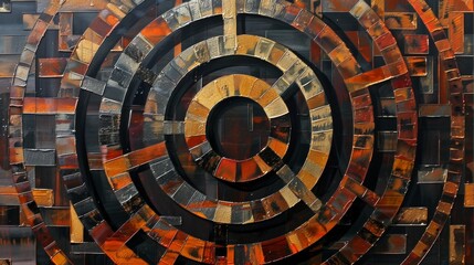Fototapeta premium An intricate artistic design resembling a labyrinth or maze, created using metallic textures and shades of copper and black, conveying complexity and depth.