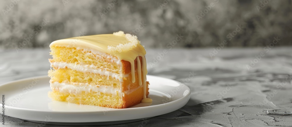Aufkleber A lemon cake with sugary icing is elegantly presented on a white plate against a textured stone backdrop offering ample copy space for additional elements