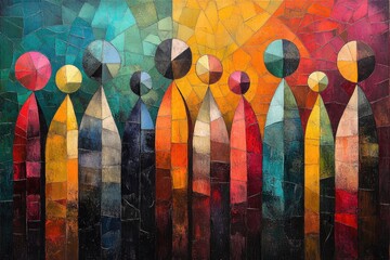 Vibrant Geometric Harmony: Bold Abstract Figures in Playful Colors and Dynamic Patterns