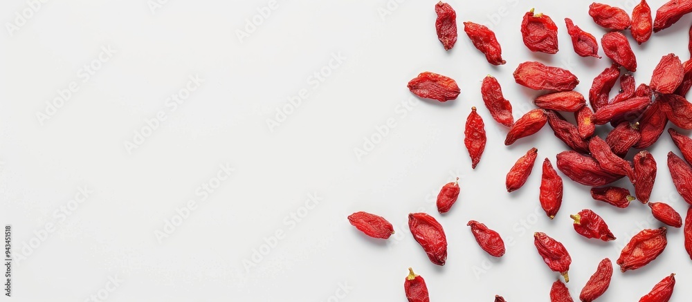 Aufkleber Top down view of dried goji berries on white backdrop with copy space image for text arranged in a flat lay style