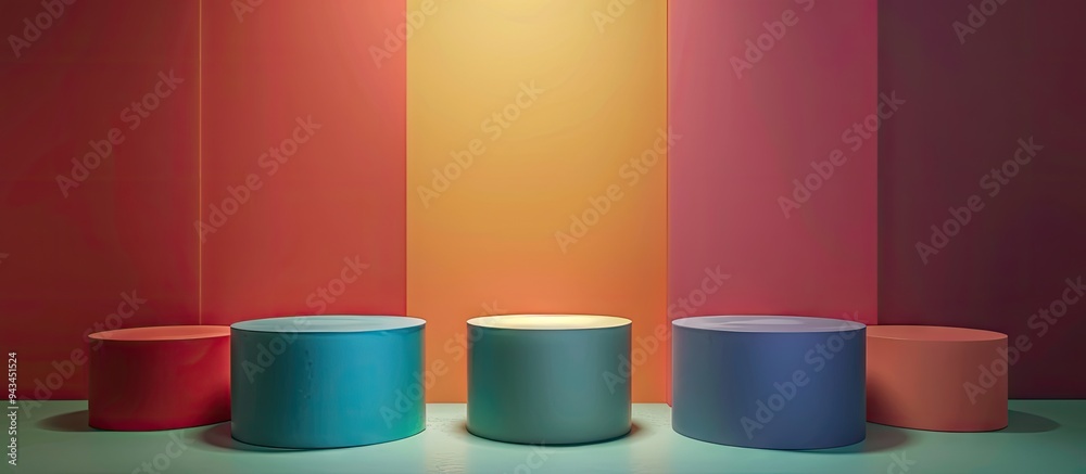 Leinwandbilder Various podiums arranged on a colored background to help showcase products in photographs with space for text or logos on the backdrop. Creative banner. Copyspace image