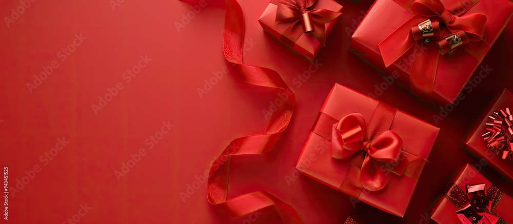 Poster top down view of gift boxes with a red ribbon on a matching red background creating an appealing cop