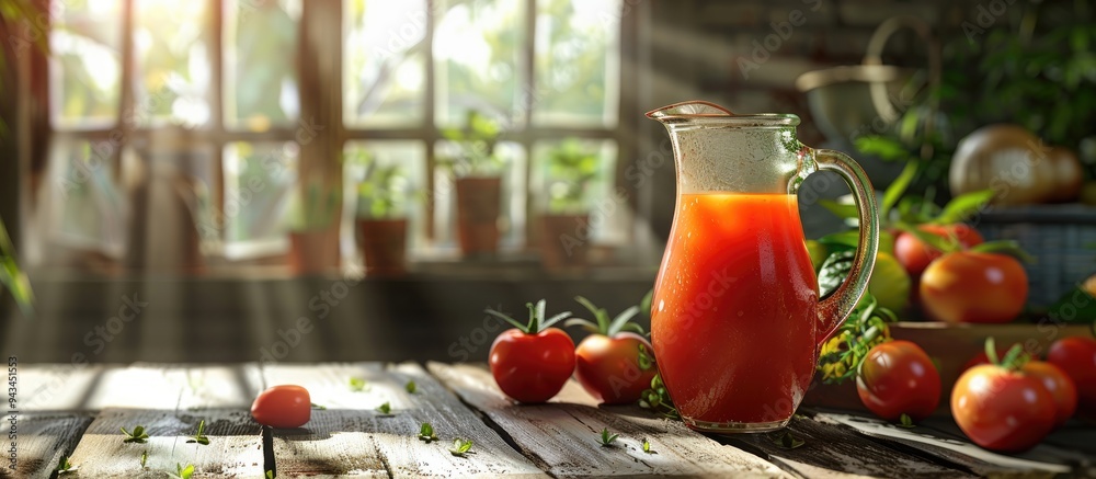 Poster wooden table with a glass jug filled with fresh tomato juice providing space for text with a copy sp