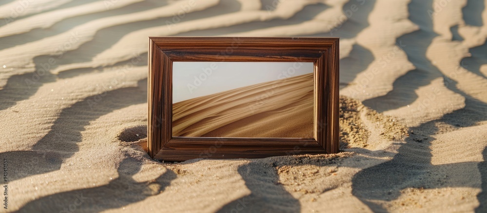 Fototapete Rectangular wooden frame displayed on soft sand with copy space image