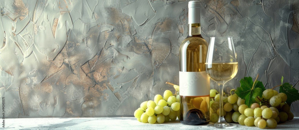 Aufkleber white wine bottle and glasses with grapes against a gray backdrop with a space for additional images