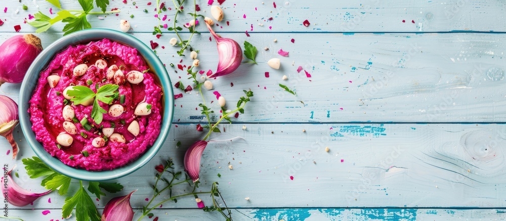 Aufkleber flat lay of delicious beet hummus in a bowl with fresh ingredients set on a light blue wooden table 