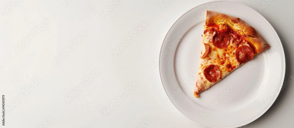 Poster pizza slice bitten in a white plate against a white backdrop with copy space image